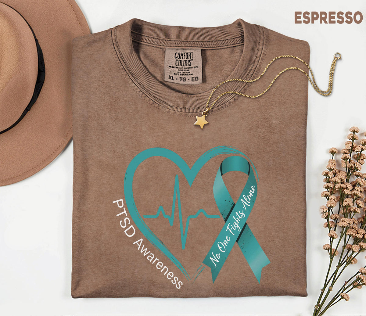 Comfort Colors® PTSD Awareness Shirt, Teal Ribbon Heartbeat Tee, No One Fights Alone Mental Health Support Shirt, Trauma Survivor Gift