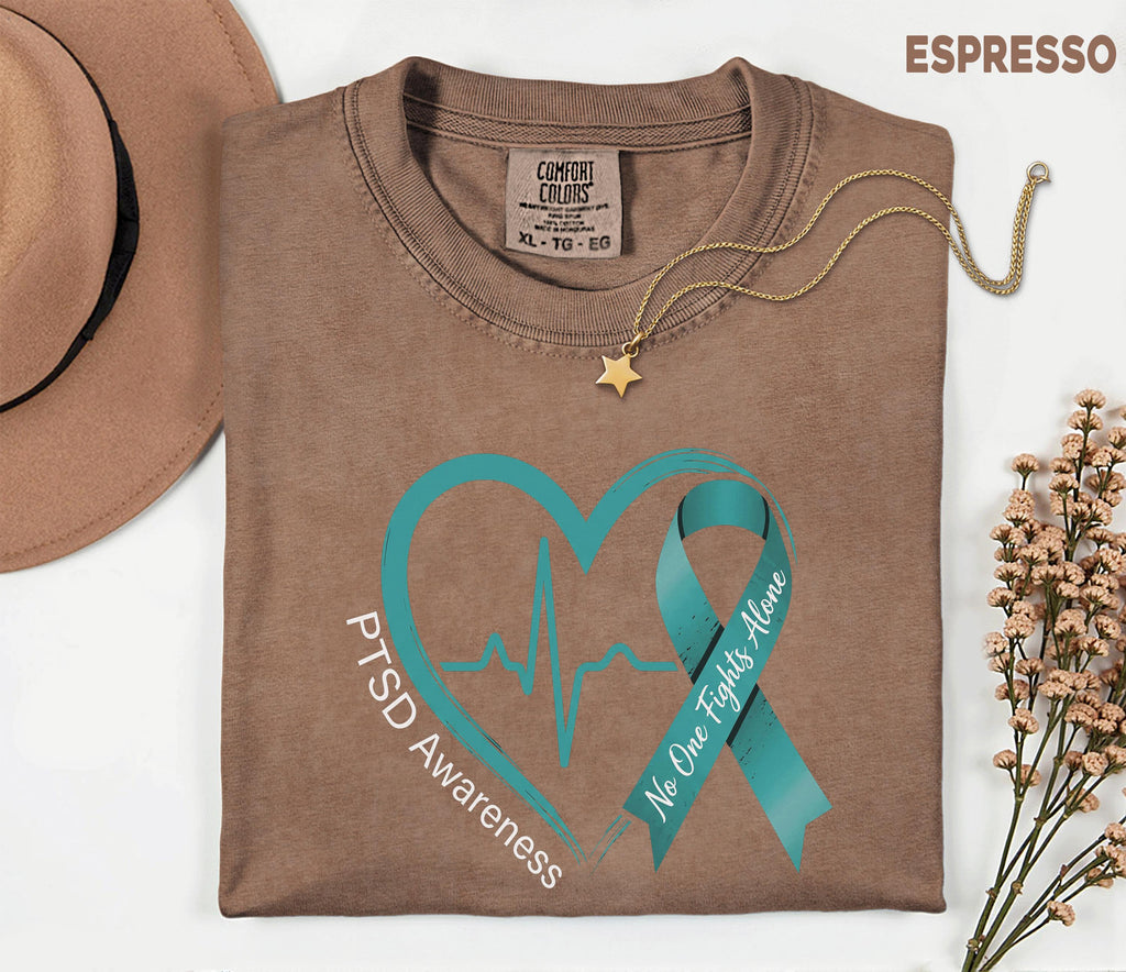 Comfort Colors® PTSD Awareness Shirt, Teal Ribbon Heartbeat Tee, No One Fights Alone Mental Health Support Shirt, Trauma Survivor Gift