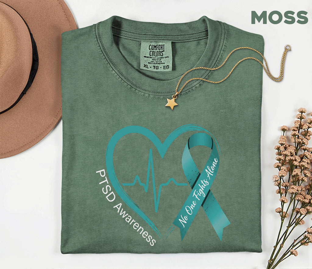 Comfort Colors® PTSD Awareness Shirt, Teal Ribbon Heartbeat Tee, No One Fights Alone Mental Health Support Shirt, Trauma Survivor Gift