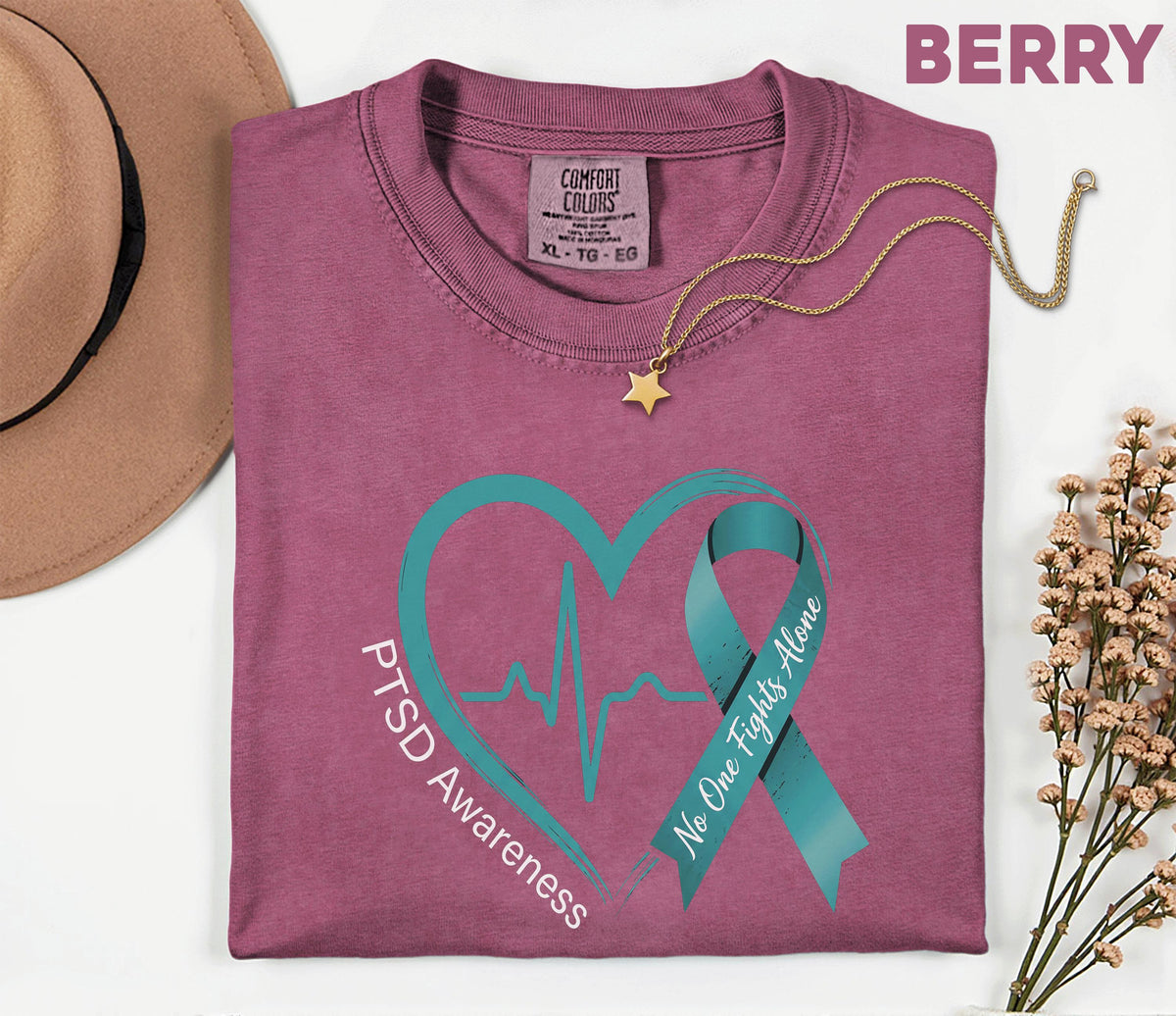 Comfort Colors® PTSD Awareness Shirt, Teal Ribbon Heartbeat Tee, No One Fights Alone Mental Health Support Shirt, Trauma Survivor Gift