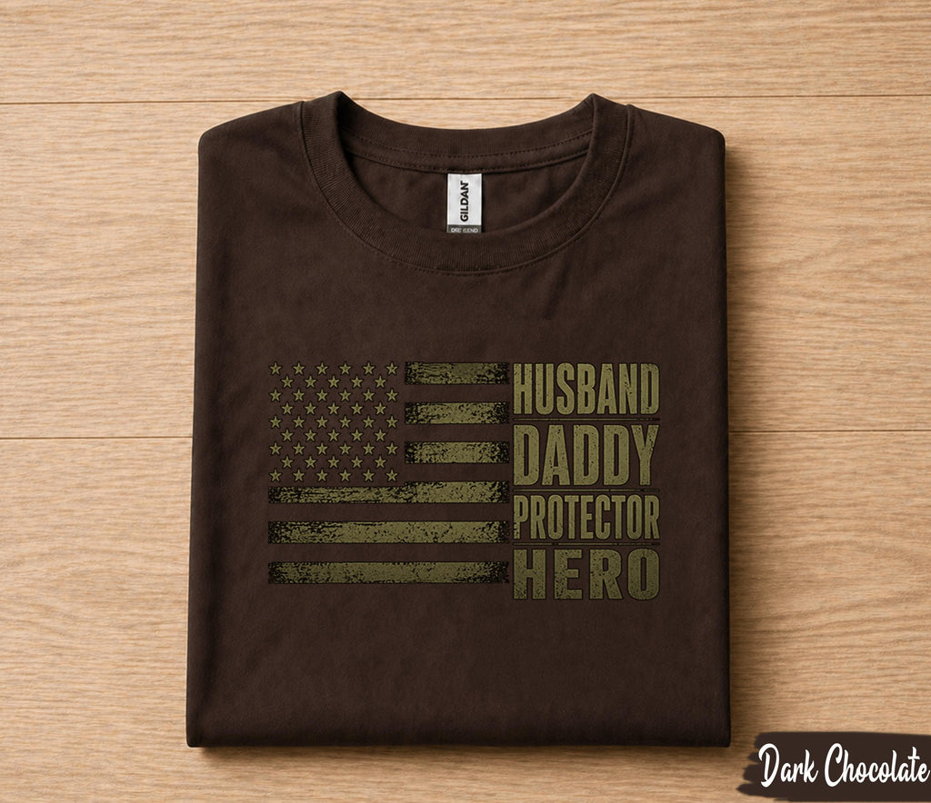 Husband Daddy Protector Hero Shirt Patriotic American Flag Fathers Day Gift for Dad Birthday Husband Military Style Tee