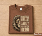 Christian Dad Shirt Man of God Husband Daddy Protector Hero Lion Fathers Day Gift for Dad Birthday Husband Faith Tee