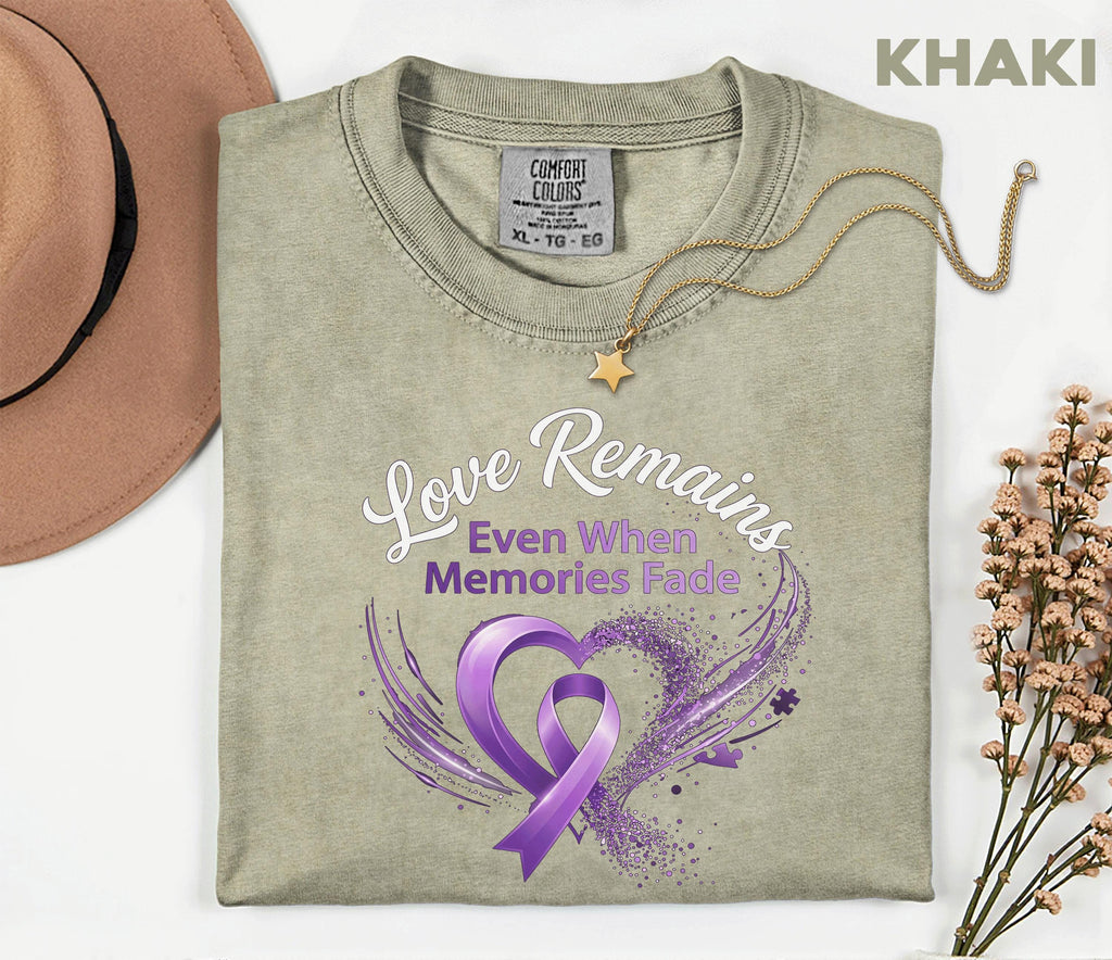 Comfort Colors Alzheimer Awareness Shirt Love Remains Even When Memories Fade Purple Ribbon Caregiver Support Tee Gift