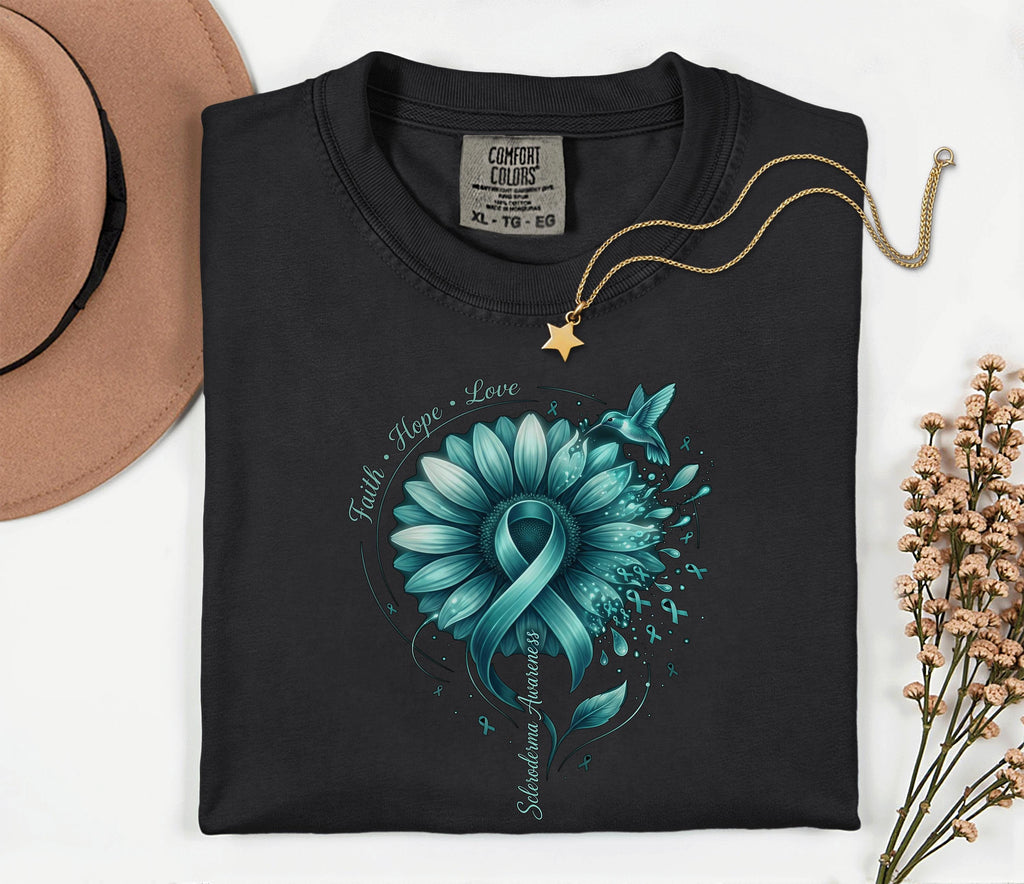 Comfort Colors Scleroderma Awareness Shirt Teal Ribbon Sunflower Faith Hope Love Hummingbird Tee Chronic Illness Supp...