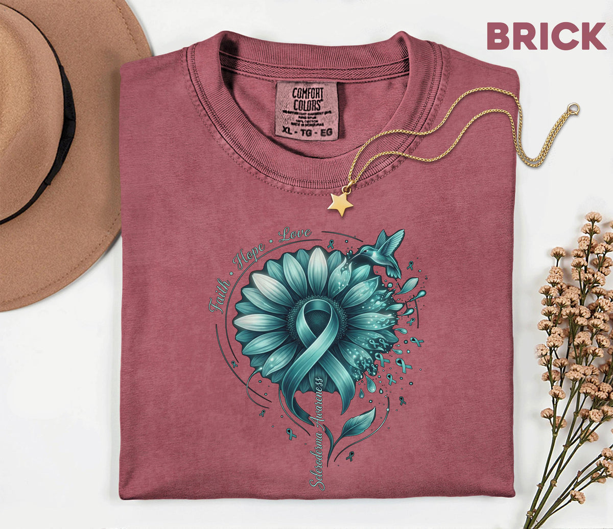 Comfort Colors Scleroderma Awareness Shirt Teal Ribbon Sunflower Faith Hope Love Hummingbird Tee Chronic Illness Support Gift