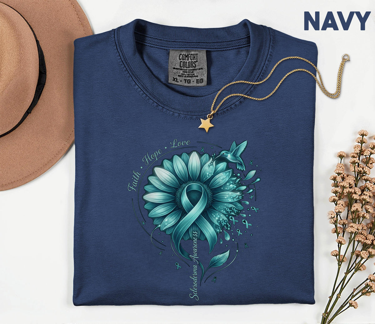 Comfort Colors Scleroderma Awareness Shirt Teal Ribbon Sunflower Faith Hope Love Hummingbird Tee Chronic Illness Support Gift