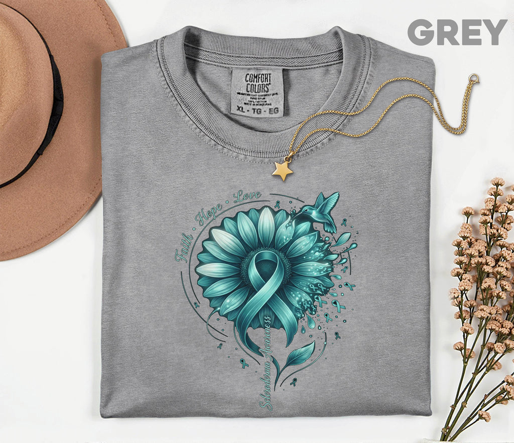 Comfort Colors Scleroderma Awareness Shirt Teal Ribbon Sunflower Faith Hope Love Hummingbird Tee Chronic Illness Support Gift