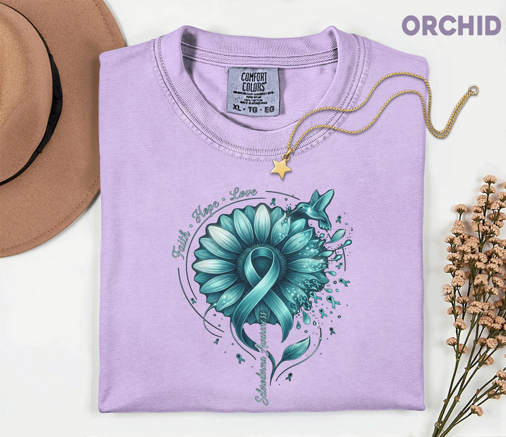 Comfort Colors Scleroderma Awareness Shirt Teal Ribbon Sunflower Faith Hope Love Hummingbird Tee Chronic Illness Support Gift