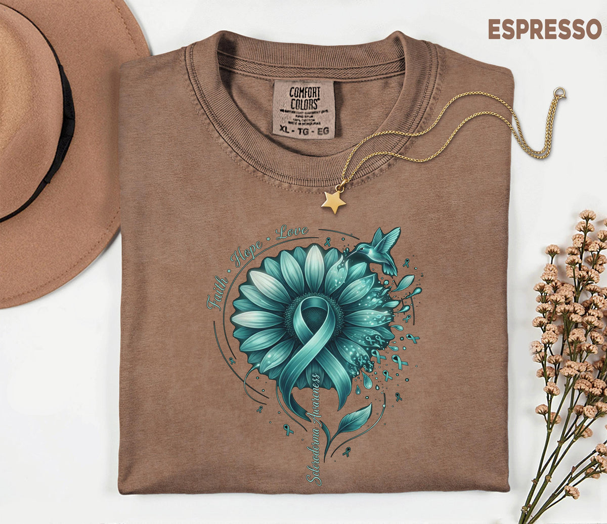 Comfort Colors Scleroderma Awareness Shirt Teal Ribbon Sunflower Faith Hope Love Hummingbird Tee Chronic Illness Support Gift