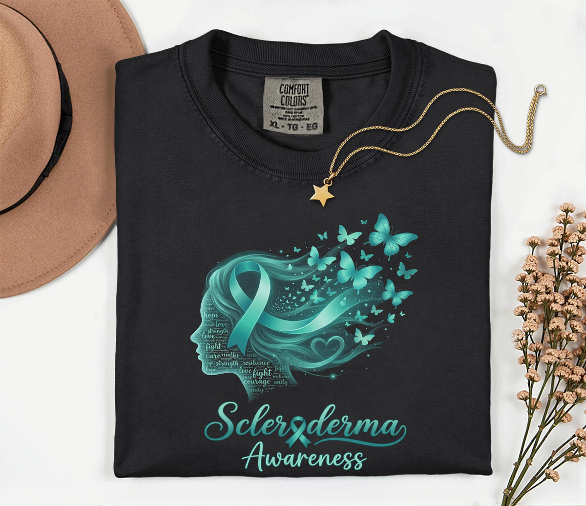 Comfort Colors Scleroderma Awareness Shirt Teal Ribbon Woman Silhouette Butterfly Tee Chronic Illness Support Gift Unisex