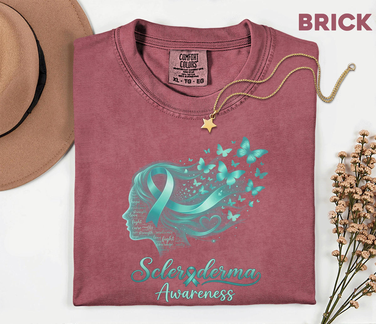 Comfort Colors Scleroderma Awareness Shirt Teal Ribbon Woman Silhouette Butterfly Tee Chronic Illness Support Gift Unisex