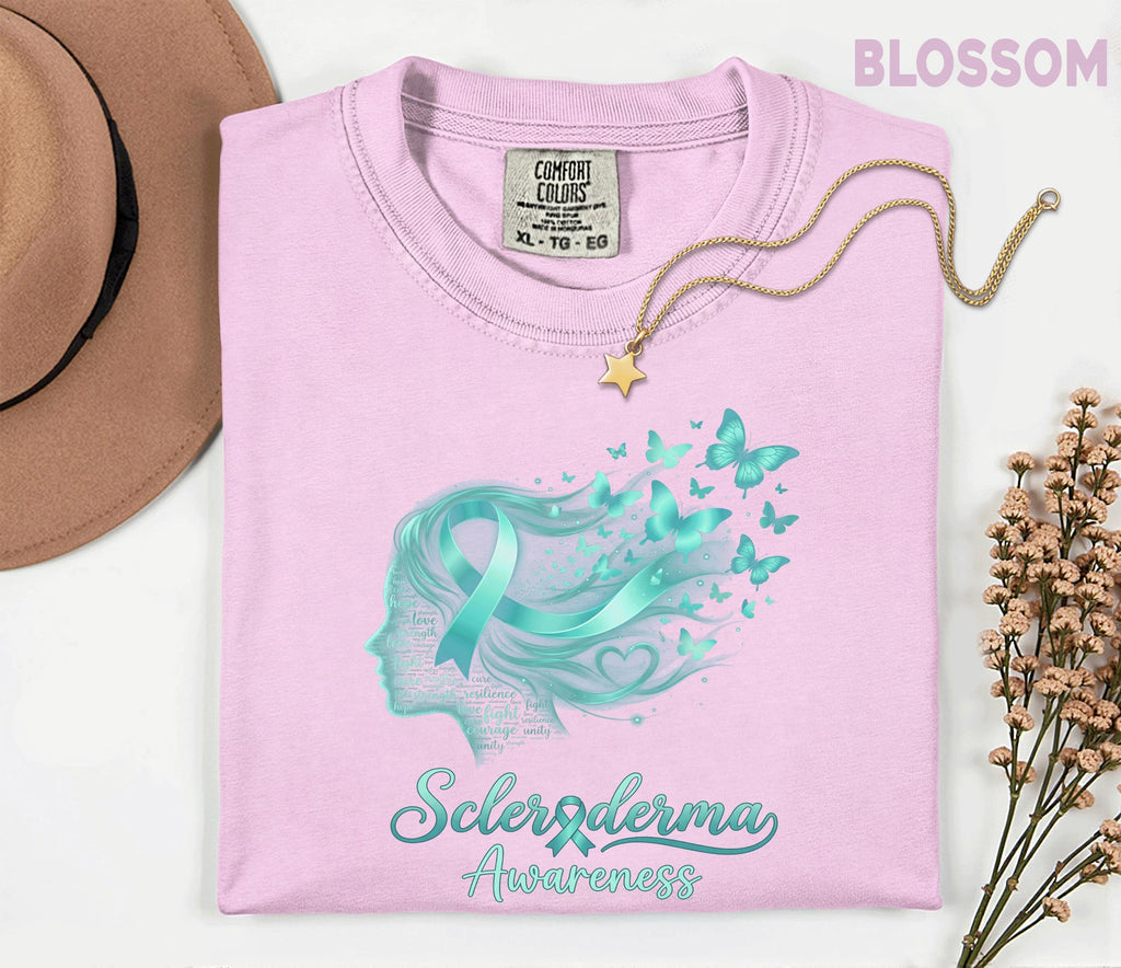 Comfort Colors Scleroderma Awareness Shirt Teal Ribbon Woman Silhouette Butterfly Tee Chronic Illness Support Gift Unisex