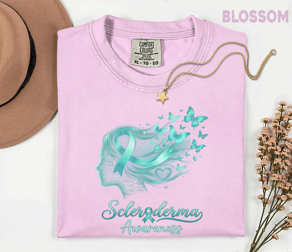 Comfort Colors Scleroderma Awareness Shirt Teal Ribbon Woman Silhouette Butterfly Tee Chronic Illness Support Gift Unisex