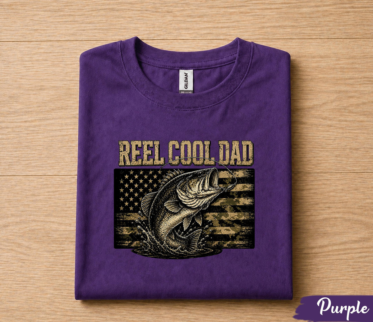 Reel Cool Dad Fishing Shirt, Funny Dad Gift T-Shirt, Bass Fishing American Flag Tee, Fathers Day Gift for Husband Papa Birthday Shirt