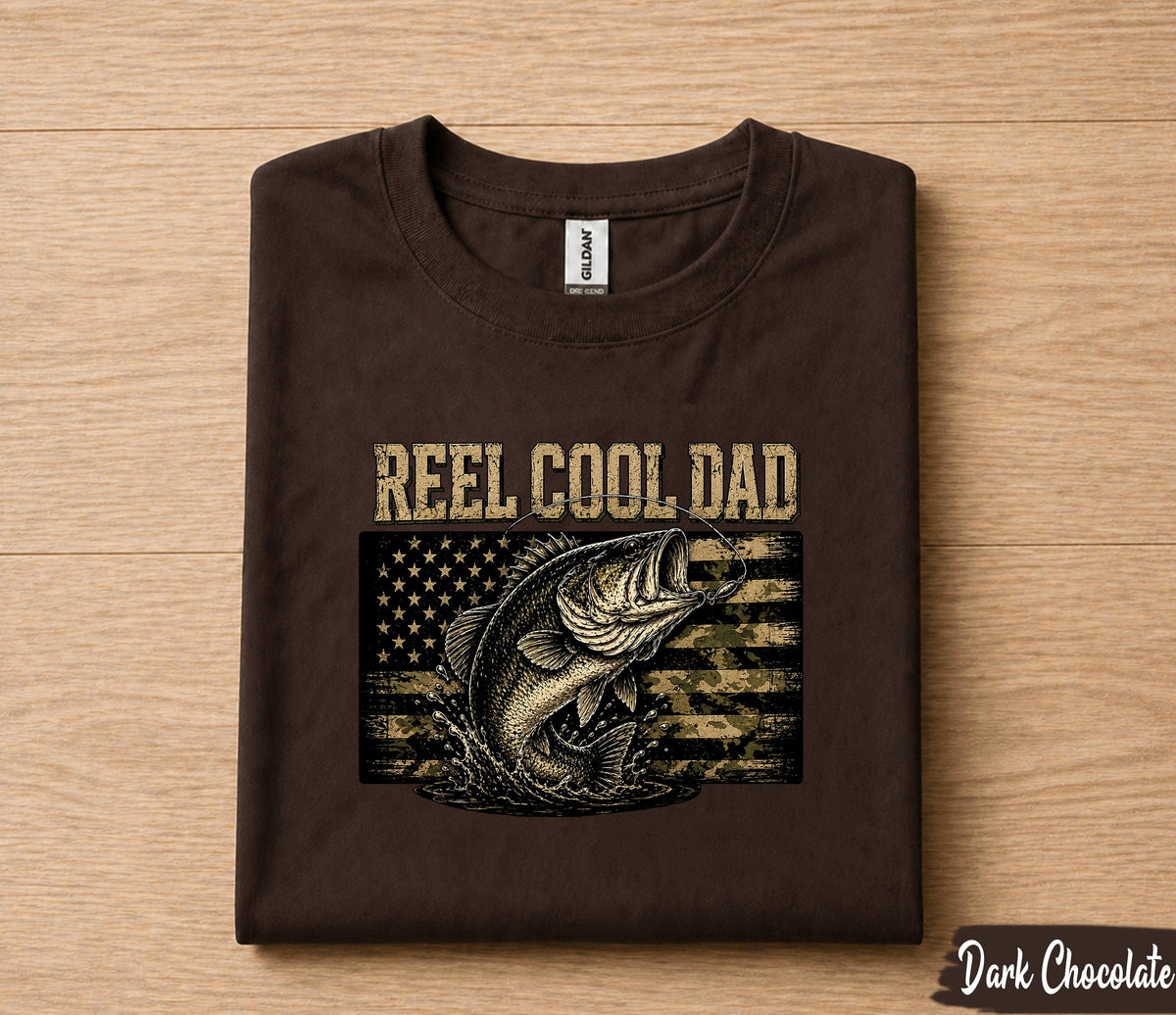 Reel Cool Dad Fishing Shirt, Funny Dad Gift T-Shirt, Bass Fishing American Flag Tee, Fathers Day Gift for Husband Papa Birthday Shirt
