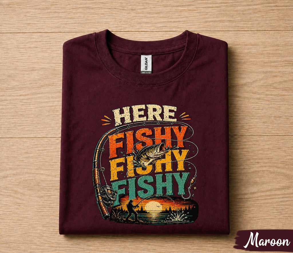 Here Fishy Fishy Fishing Shirt for Dad, Funny Fisherman Tee Gift, Vintage Sunset Fishing T-Shirt, Fathers Day Gift for Husband Papa