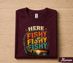 Here Fishy Fishy Fishing Shirt for Dad, Funny Fisherman Tee Gift, Vintage Sunset Fishing T-Shirt, Fathers Day Gift for Husband Papa