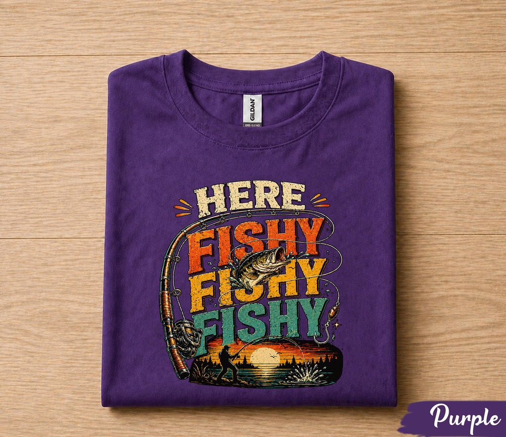 Here Fishy Fishy Fishing Shirt for Dad, Funny Fisherman Tee Gift, Vintage Sunset Fishing T-Shirt, Fathers Day Gift for Husband Papa