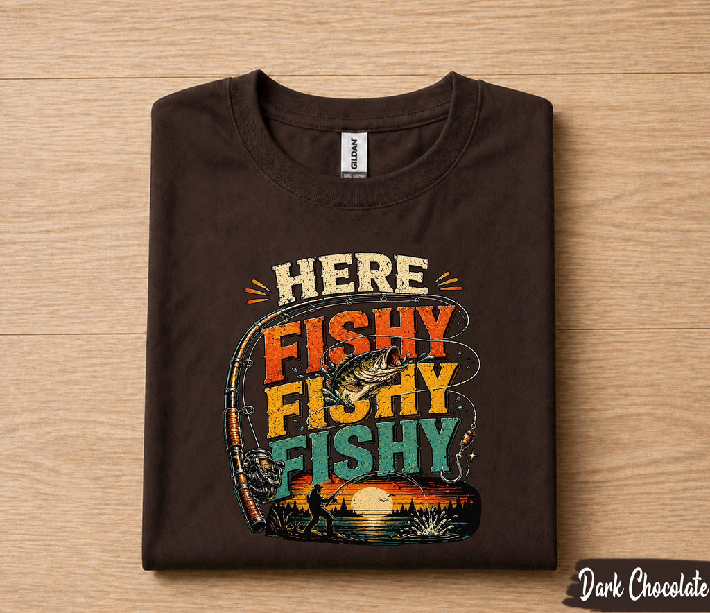 Here Fishy Fishy Fishing Shirt for Dad, Funny Fisherman Tee Gift, Vintage Sunset Fishing T-Shirt, Fathers Day Gift for Husband Papa