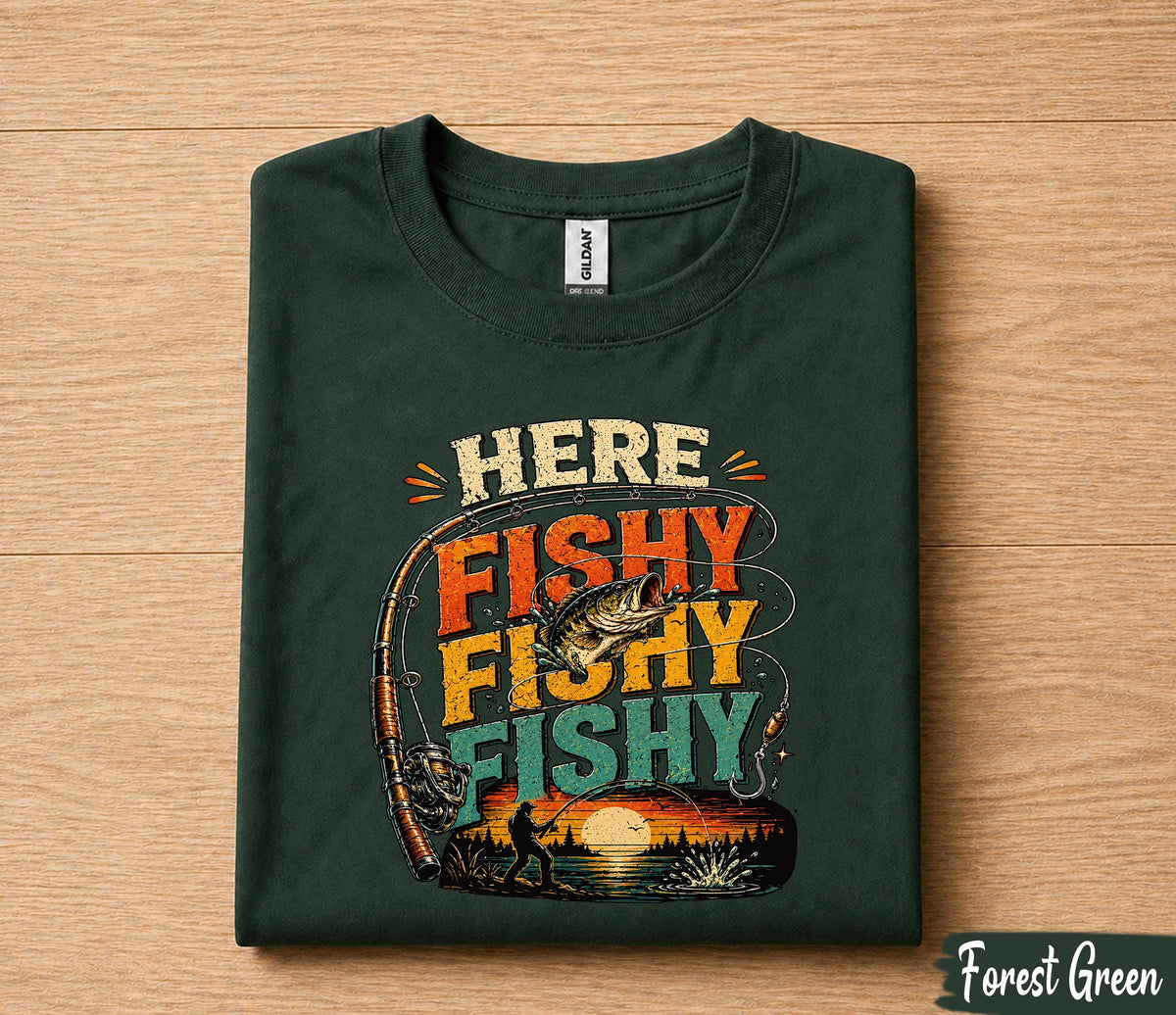Here Fishy Fishy Fishing Shirt for Dad, Funny Fisherman Tee Gift, Vintage Sunset Fishing T-Shirt, Fathers Day Gift for Husband Papa