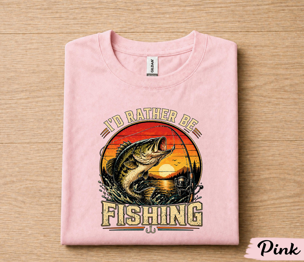 I'd Rather Be Fishing Shirt for Dad, Funny Fishing T-Shirt Gift, Vintage Sunset Bass Fisherman Tee, Fathers Day Gift Husband Papa