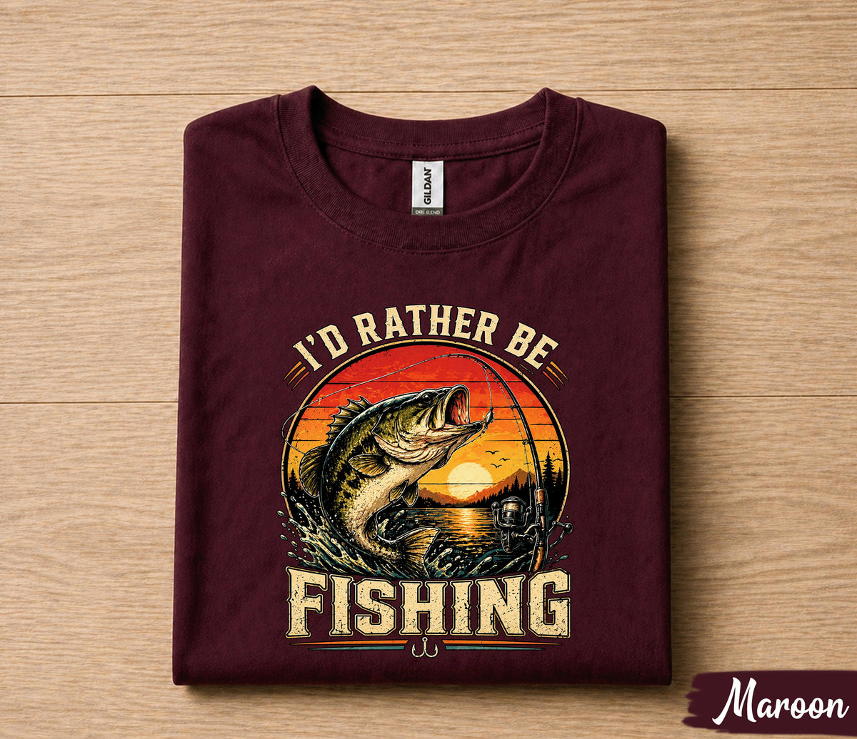 I'd Rather Be Fishing Shirt for Dad, Funny Fishing T-Shirt Gift, Vintage Sunset Bass Fisherman Tee, Fathers Day Gift Husband Papa