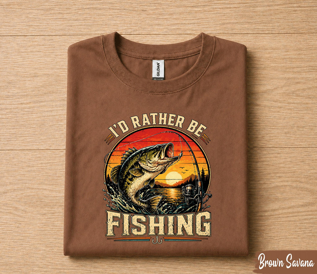 I'd Rather Be Fishing Shirt for Dad, Funny Fishing T-Shirt Gift, Vintage Sunset Bass Fisherman Tee, Fathers Day Gift Husband Papa