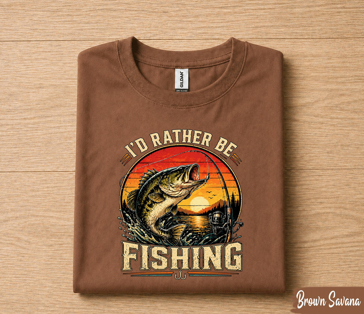 I'd Rather Be Fishing Shirt for Dad, Funny Fishing T-Shirt Gift, Vintage Sunset Bass Fisherman Tee, Fathers Day Gift Husband Papa