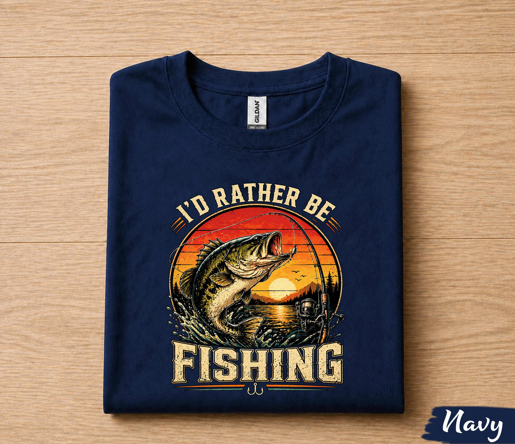 I'd Rather Be Fishing Shirt for Dad, Funny Fishing T-Shirt Gift, Vintage Sunset Bass Fisherman Tee, Fathers Day Gift Husband Papa