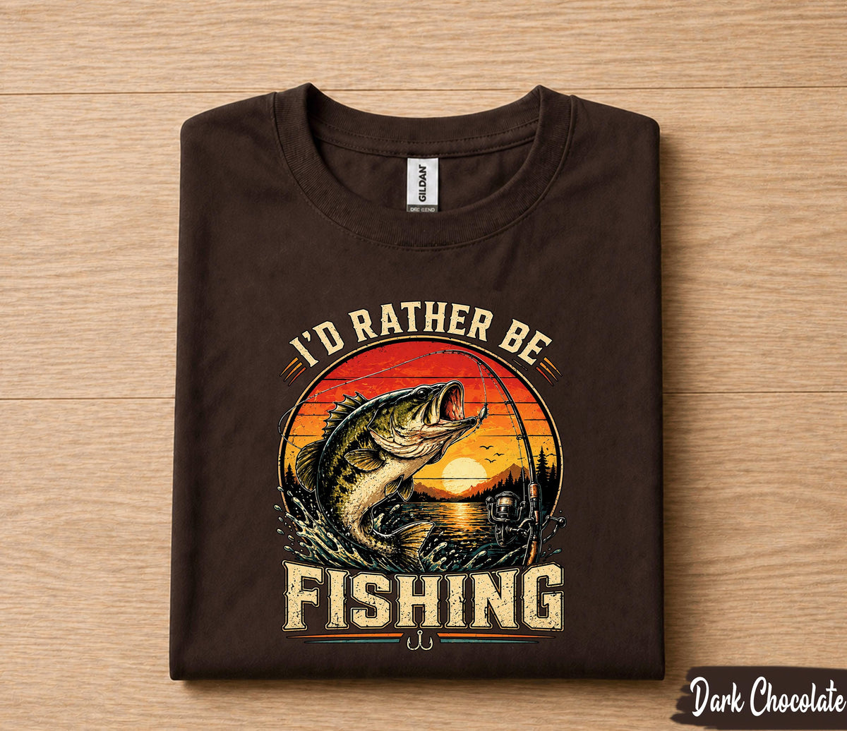 I'd Rather Be Fishing Shirt for Dad, Funny Fishing T-Shirt Gift, Vintage Sunset Bass Fisherman Tee, Fathers Day Gift Husband Papa