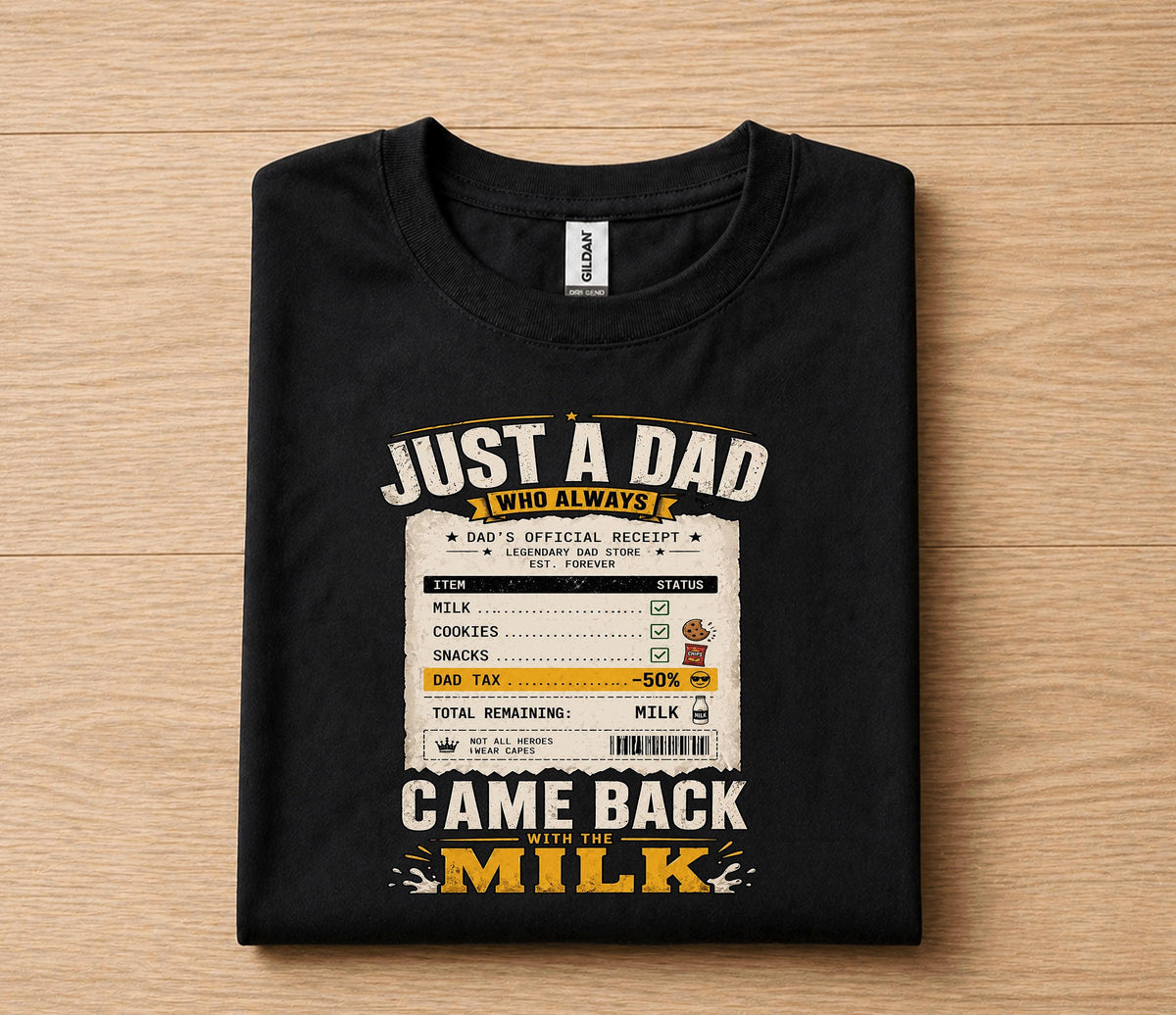 Just A Dad Who Always Came Back With The Milk Shirt Funny Dad Receipt Tee, Legendary Father Gift T-Shirt Fathers Day ...