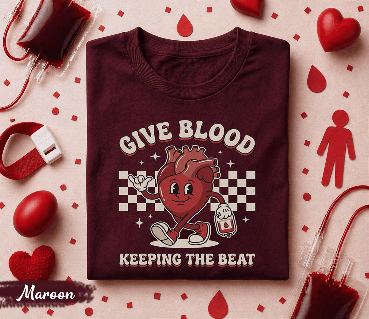 Give Blood Keep the Beat Shirt Cute Heart Cartoon Blood Donor Tee World Blood Donor Day Gift Funny Medical Awareness T-Shirt