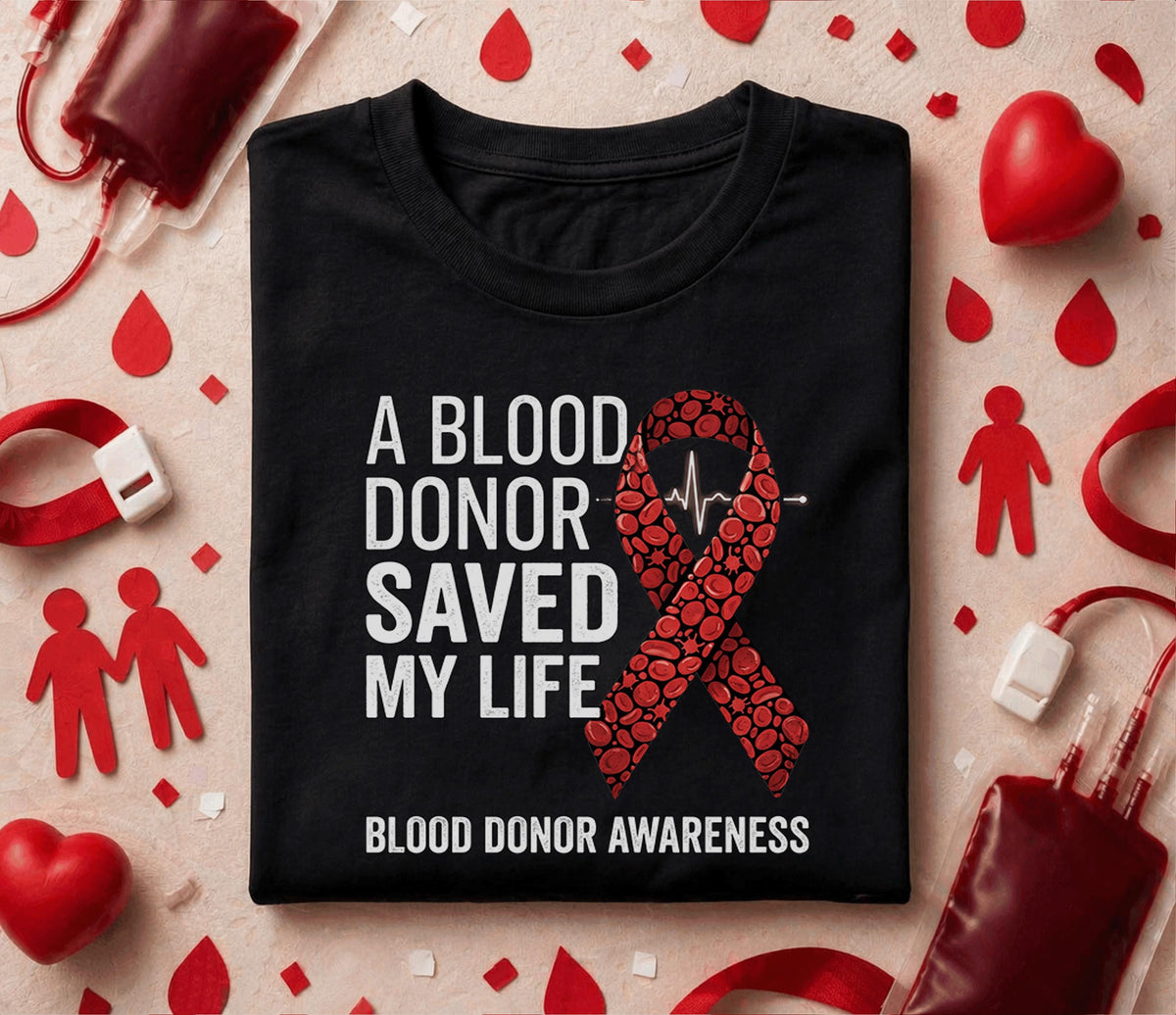 A Blood Donor Saved My Life Shirt Blood Donation Awareness Tee World Blood Donor Day Shirt Red Ribbon Support Gift Li...