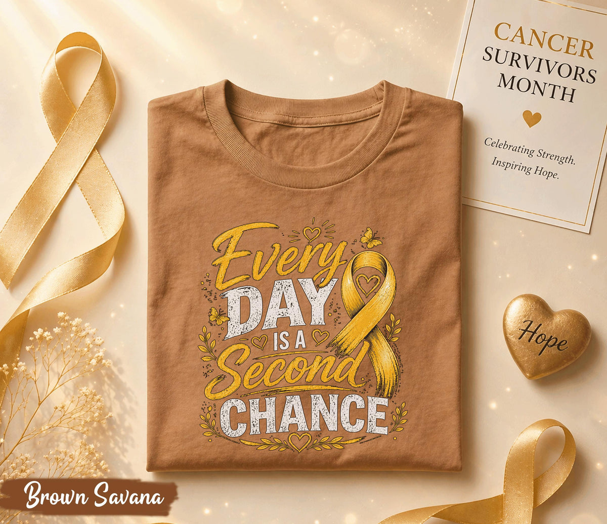 Every Day Is A Second Chance Cancer Survivor Shirt, Yellow Ribbon Awareness Tee, Inspirational Hope Strength Fighter Gift Idea