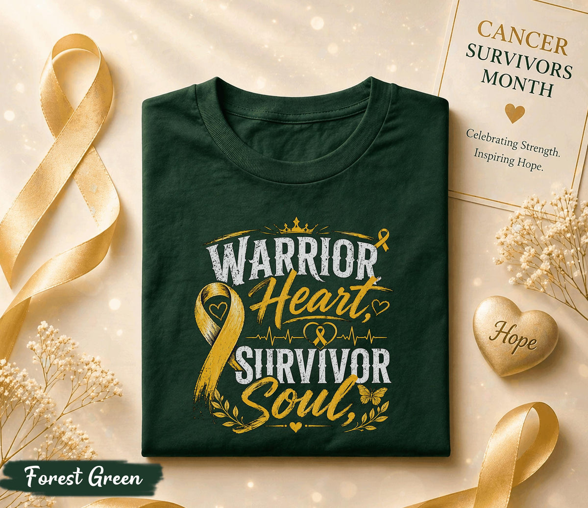 Warrior Heart Survivor Soul Cancer Survivor Shirt, Yellow Ribbon Awareness Tee, Inspirational Strength Courage Fighter Gift Idea