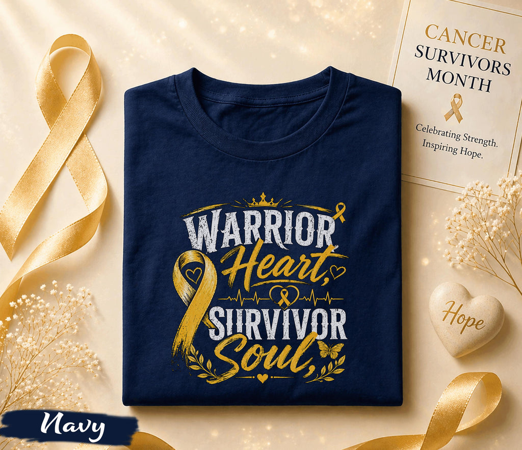Warrior Heart Survivor Soul Cancer Survivor Shirt, Yellow Ribbon Awareness Tee, Inspirational Strength Courage Fighter Gift Idea