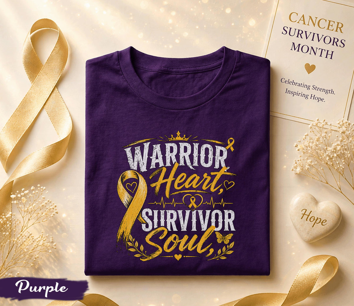 Warrior Heart Survivor Soul Cancer Survivor Shirt, Yellow Ribbon Awareness Tee, Inspirational Strength Courage Fighter Gift Idea