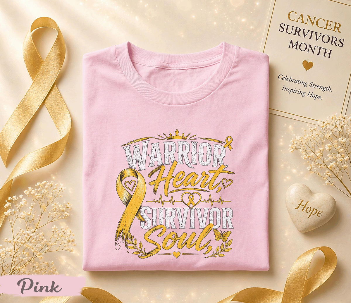 Warrior Heart Survivor Soul Cancer Survivor Shirt, Yellow Ribbon Awareness Tee, Inspirational Strength Courage Fighter Gift Idea