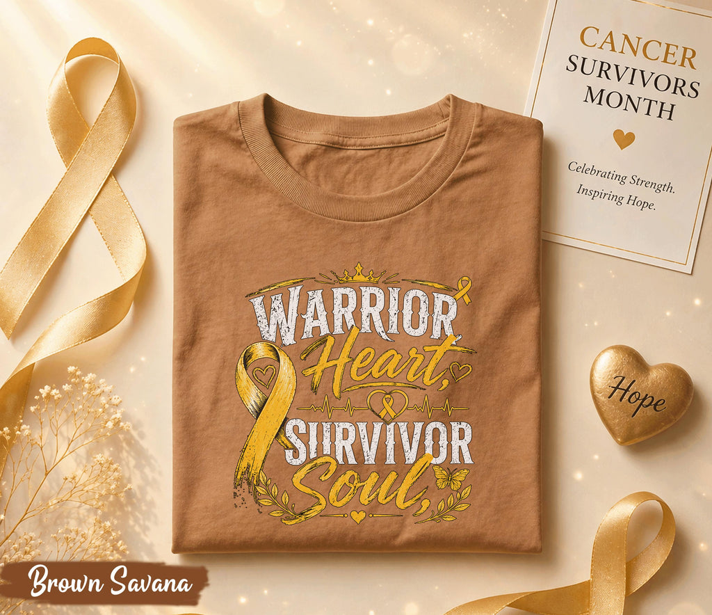 Warrior Heart Survivor Soul Cancer Survivor Shirt, Yellow Ribbon Awareness Tee, Inspirational Strength Courage Fighter Gift Idea