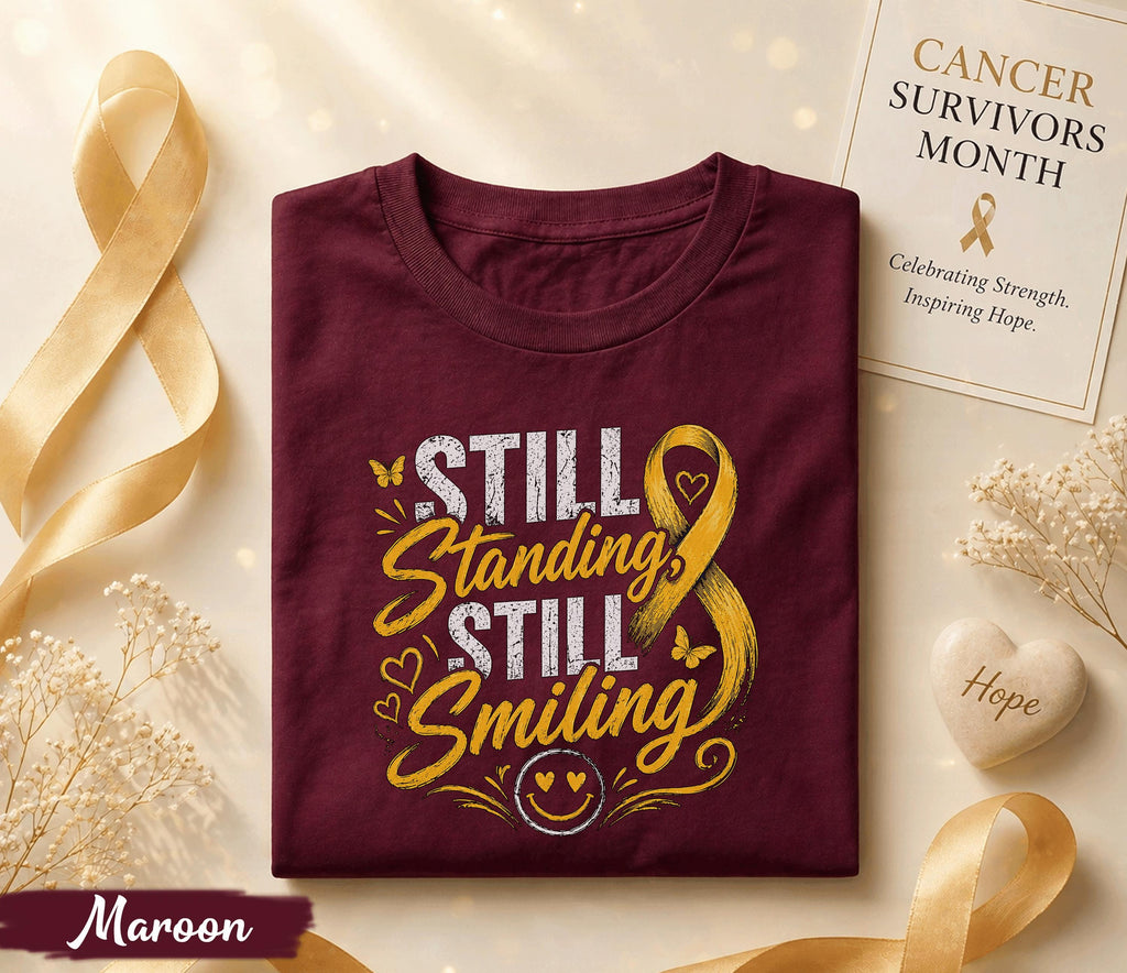 Still Standing Still Smiling Cancer Survivor Shirt, Yellow Ribbon Awareness Tee, Inspirational Strength Hope Fighter Gift Idea