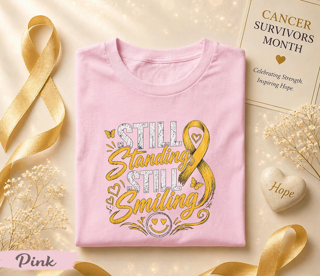 Still Standing Still Smiling Cancer Survivor Shirt, Yellow Ribbon Awareness Tee, Inspirational Strength Hope Fighter Gift Idea