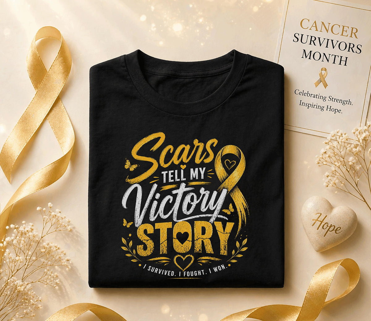 Scars Tell My Victory Story Cancer Survivor Shirt, Yellow Ribbon Awareness Tee