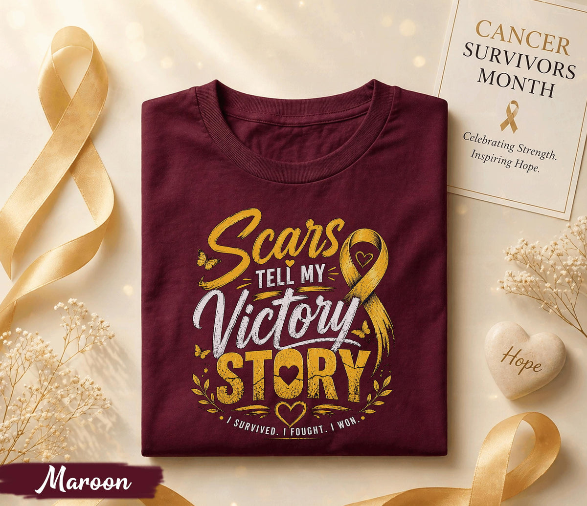 Scars Tell My Victory Story Cancer Survivor Shirt, Yellow Ribbon Awareness Tee, Inspirational Fighter Gift, Strength Courage Apparel