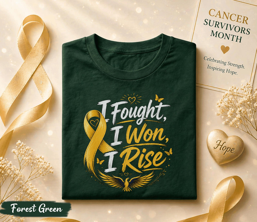 I Fought I Won I Rise Cancer Survivor Shirt, Yellow Ribbon Awareness Tee, Inspirational Fighter Gift, Strength Hope Courage Apparel
