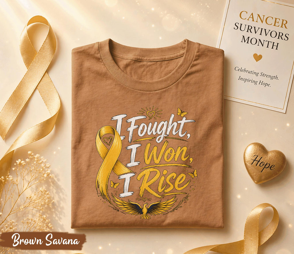 I Fought I Won I Rise Cancer Survivor Shirt, Yellow Ribbon Awareness Tee, Inspirational Fighter Gift, Strength Hope Courage Apparel
