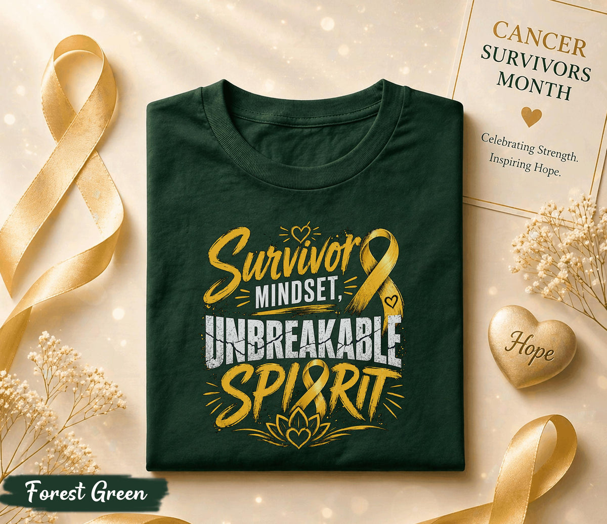 Survivor Mindset Unbreakable Spirit Cancer Survivor Shirt, Yellow Ribbon Awareness Tee, Inspirational Strength Fighter Gift Idea