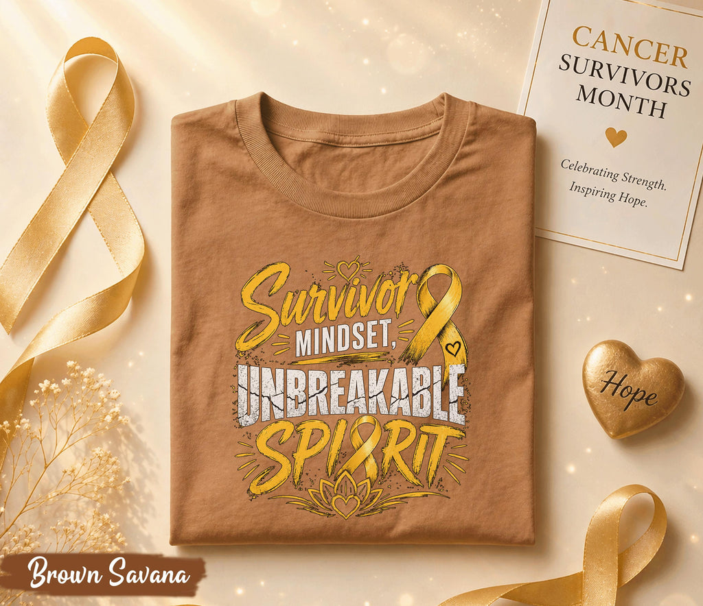 Survivor Mindset Unbreakable Spirit Cancer Survivor Shirt, Yellow Ribbon Awareness Tee, Inspirational Strength Fighter Gift Idea