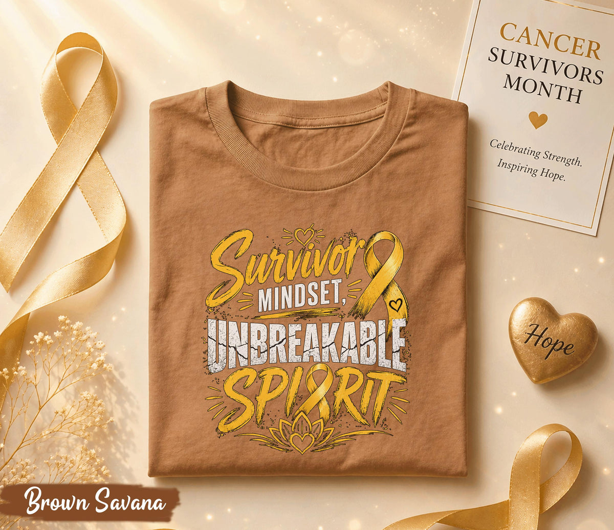 Survivor Mindset Unbreakable Spirit Cancer Survivor Shirt, Yellow Ribbon Awareness Tee, Inspirational Strength Fighter Gift Idea