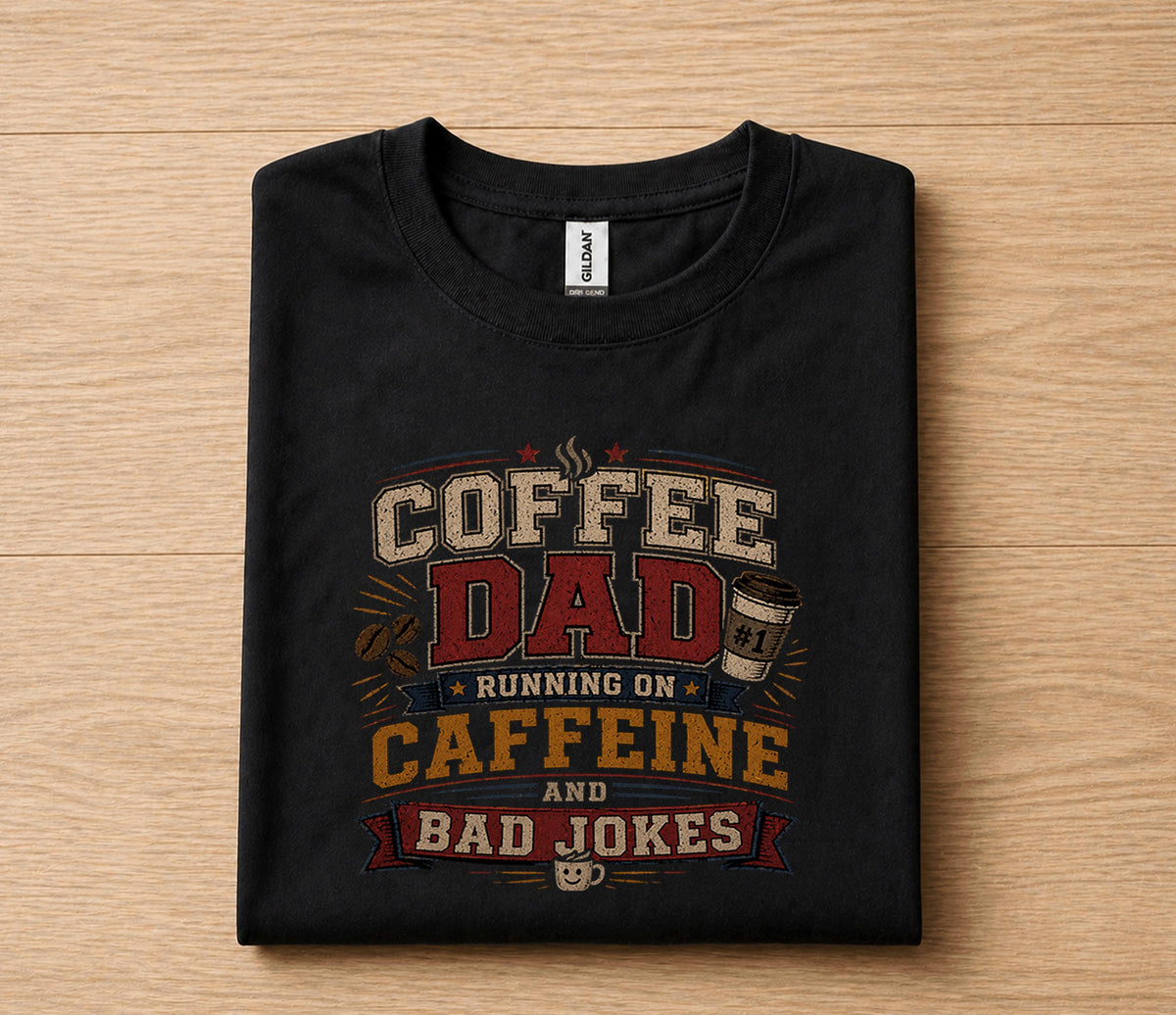 Coffee Dad Running on Caffeine and Bad Jokes Shirt Funny Dad Tee Fathers Day Gift Husband Birthday Coffee Lover Dad H...