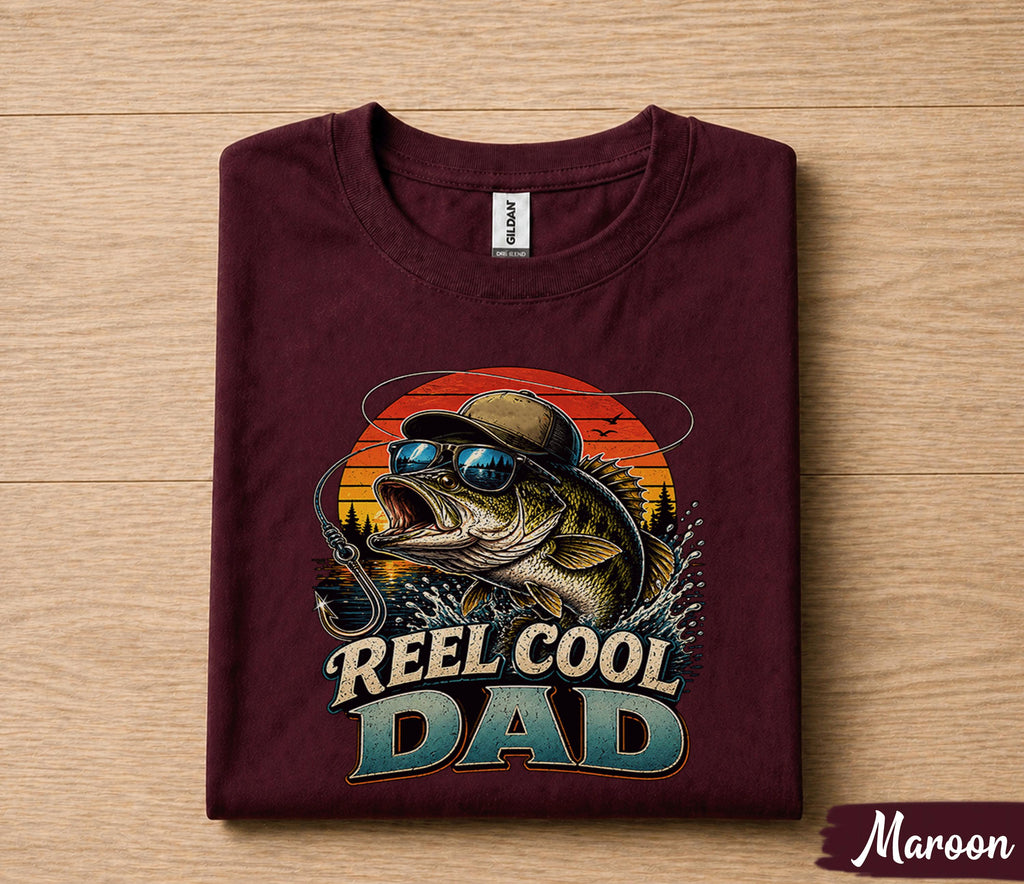 Reel Cool Dad Fishing Shirt Funny Bass Fisherman Tee Cool Dad Gift Papa Fathers Day Birthday Husband Fishing Lover Shirt